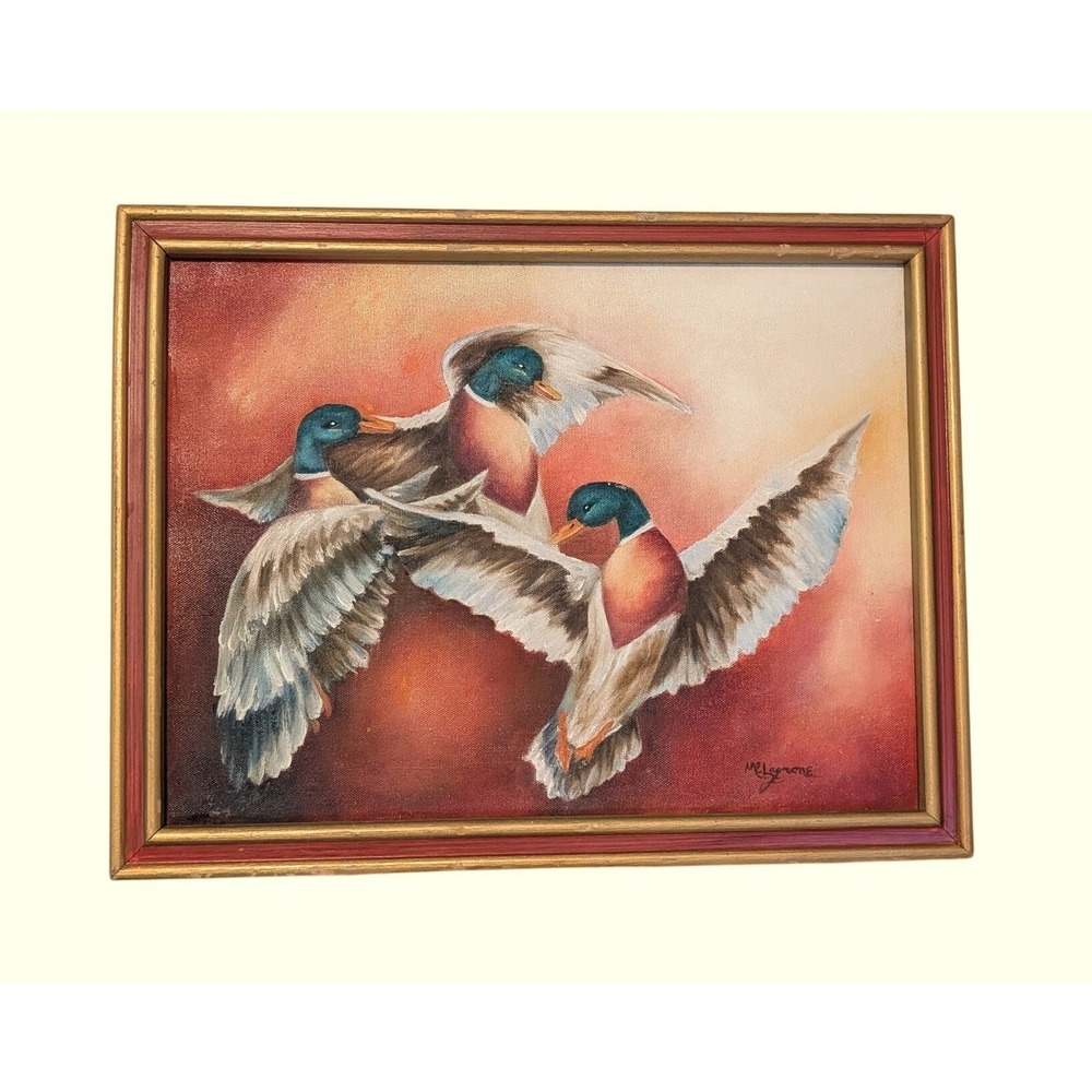 Vintage M Lagrone Signed Mallard Ducks Oil Painting Framed Wildlife Art 18x14